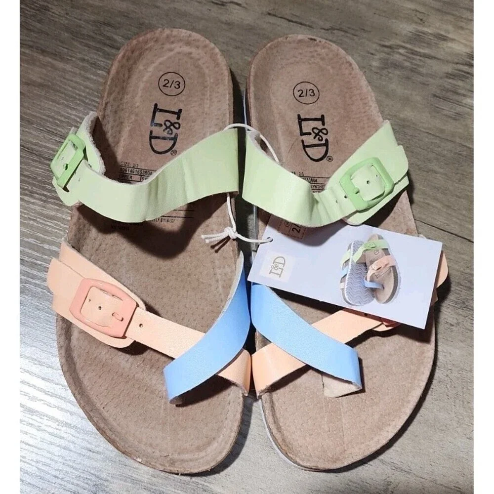 L&D Girls Size 2/3 Colorful Rainbow Multi-Color Colorblock Strappy Sandals